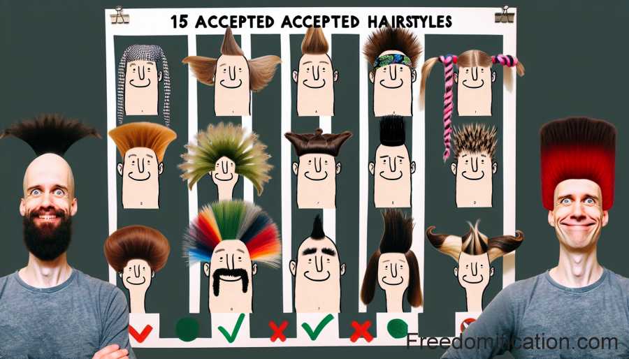 An illustration depicting a list of 15 approved hairstyles that conform to the state's ideology. Other haircuts may be considered non-compliant with official norms shaping citizens’ appearance in society.