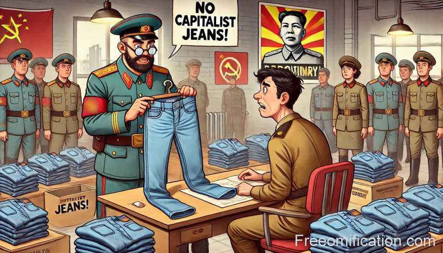 An illustration depicting a strict government official in a military uniform confiscating a pair of blue jeans from a citizen.