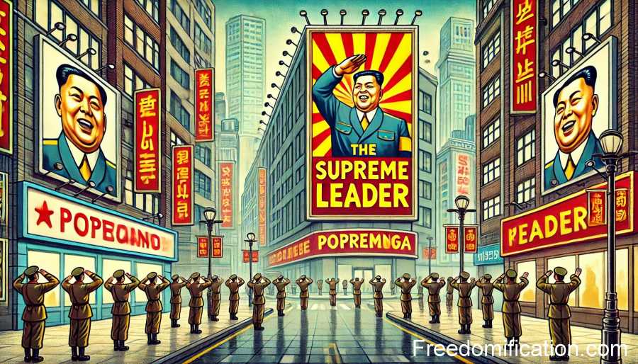Une illustration humoristique de style dessin animé représentant une rue dystopique où de grands panneaux de propagande remplacent les publicités.