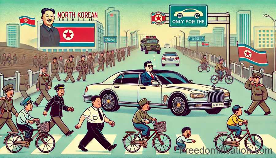 A luxury car carrying a high-ranking official drives past a crowd of ordinary North Korean citizens.