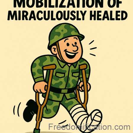 Soldat « miraculeusement guéri » courant avec des béquilles, la jambe dans un plâtre et un large sourire.
