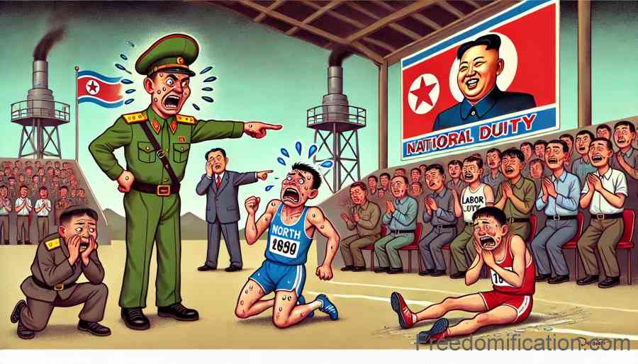 Depicting North Korean Olympic athletes in a tense situation. The scene shows a defeated athlete who looks frightened, with a soldier standing over him, pointing at him with his finger.