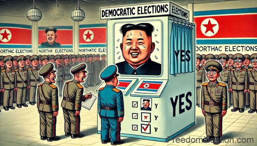 An election scene in North Korea. A large, official-looking voting booth has been set up, featuring a banner of the sole candidate.