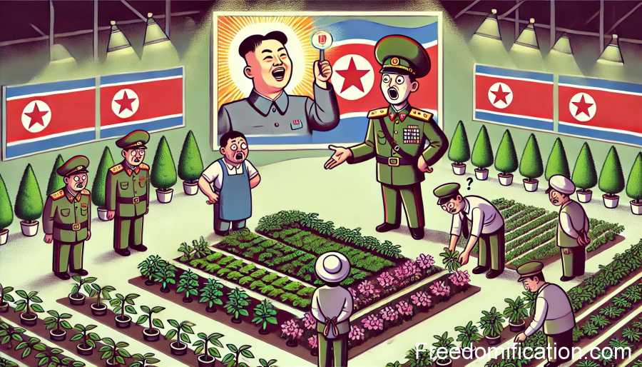 A North Korean government official in military uniform inspects a garden where plants are being planted.