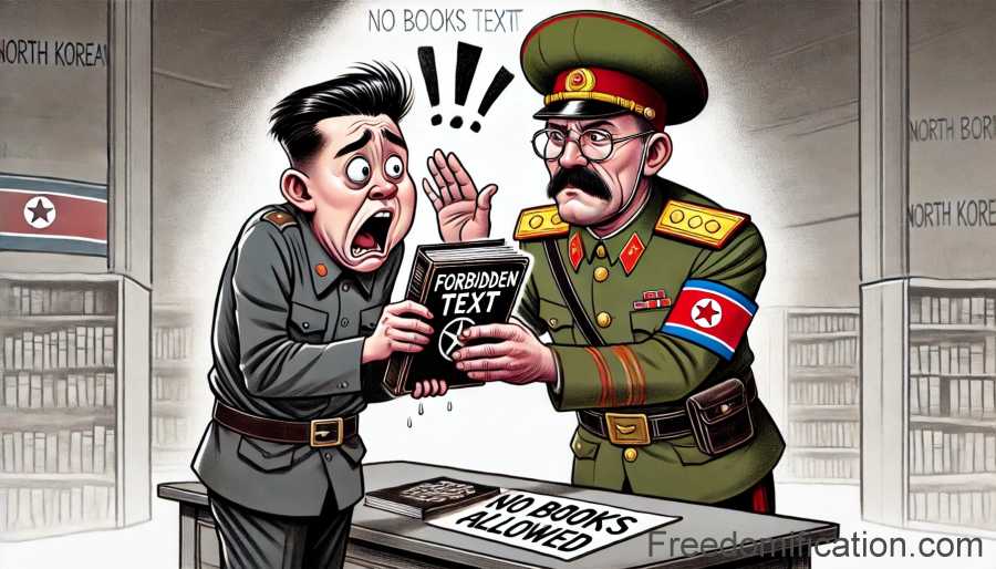 A stern North Korean officer with an excessively severe expression confiscates a book from a surprised citizen.