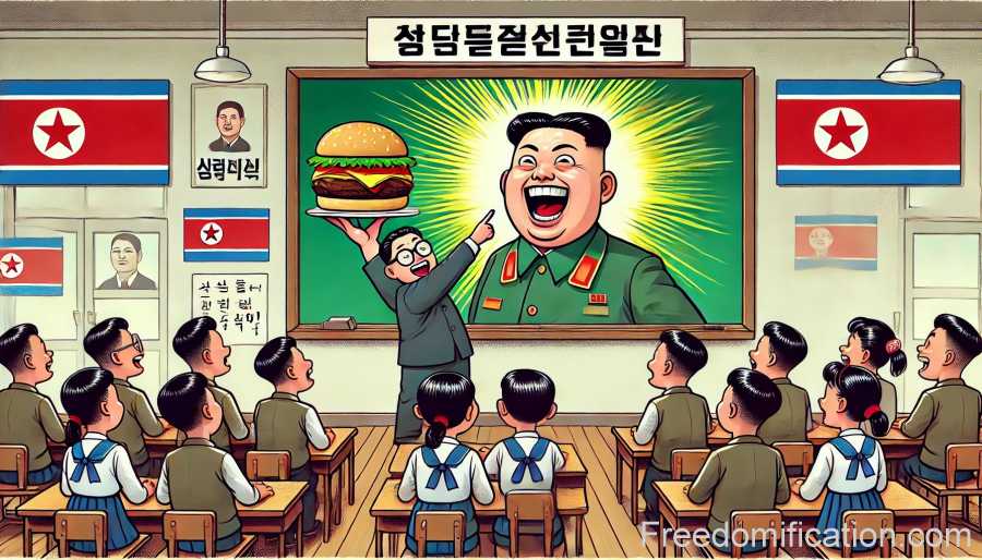 A North Korean propaganda-style classroom where a teacher excitedly points at a blackboard displaying the leader’s portrait while holding a hamburger high in his other hand.