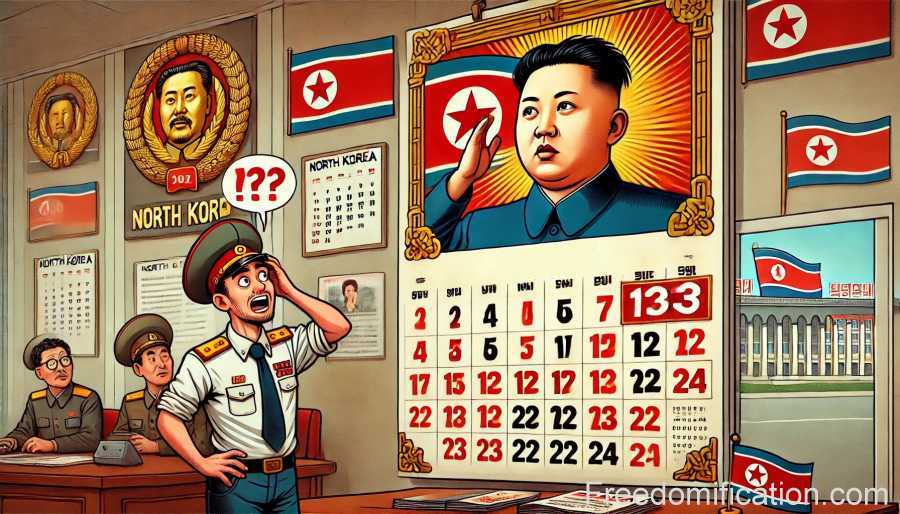 Humorystyczna, cyfrowa ilustracja w stylu kreskówkowym przedstawiająca kalendarz w Korei Północnej, na którym widnieje rok 113 zamiast 2024.