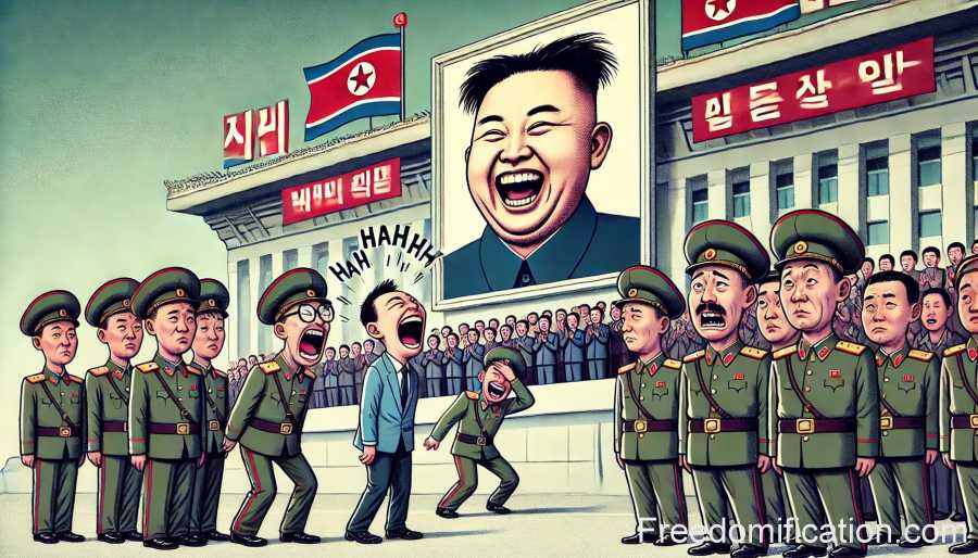 Depicting a surreal scene in North Korea: a massive portrait of Kim Jong Il is displayed in a public square, with officials and soldiers below, some of whom cannot hold back their laughter.