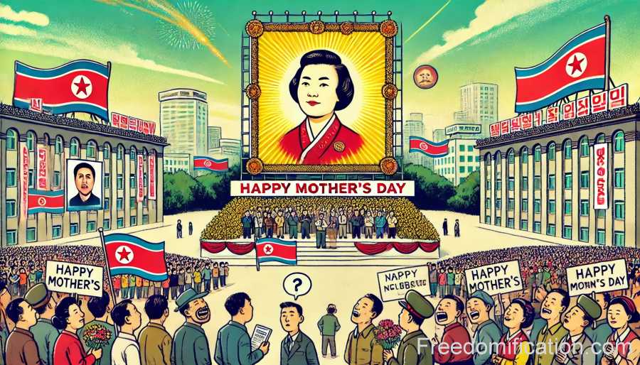 A large public square in North Korea filled with people holding banners and flowers, all devotedly praising a large portrait of Kim Jong Il’s mother in the background.