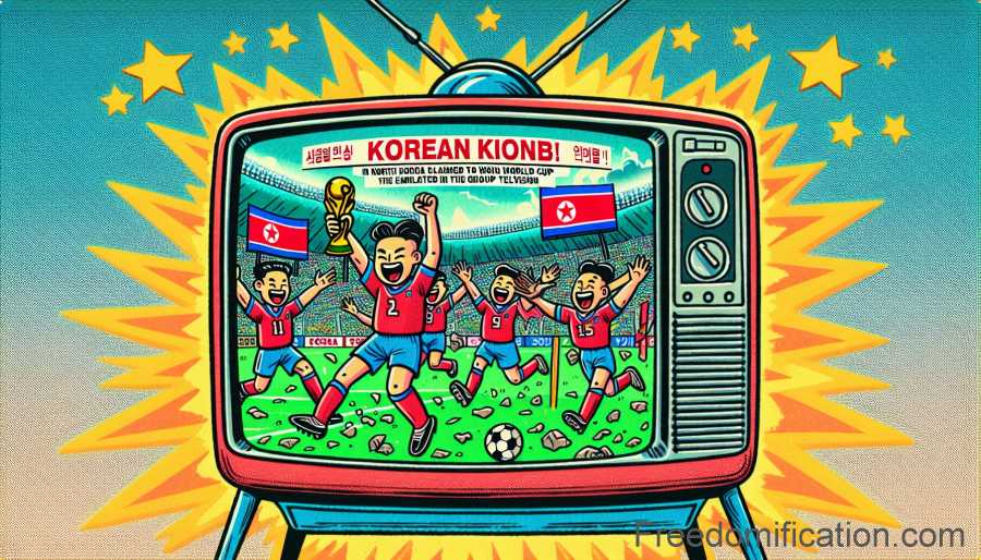 A humorously depicted old television showing players on a football field, holding a trophy and celebrating victory.