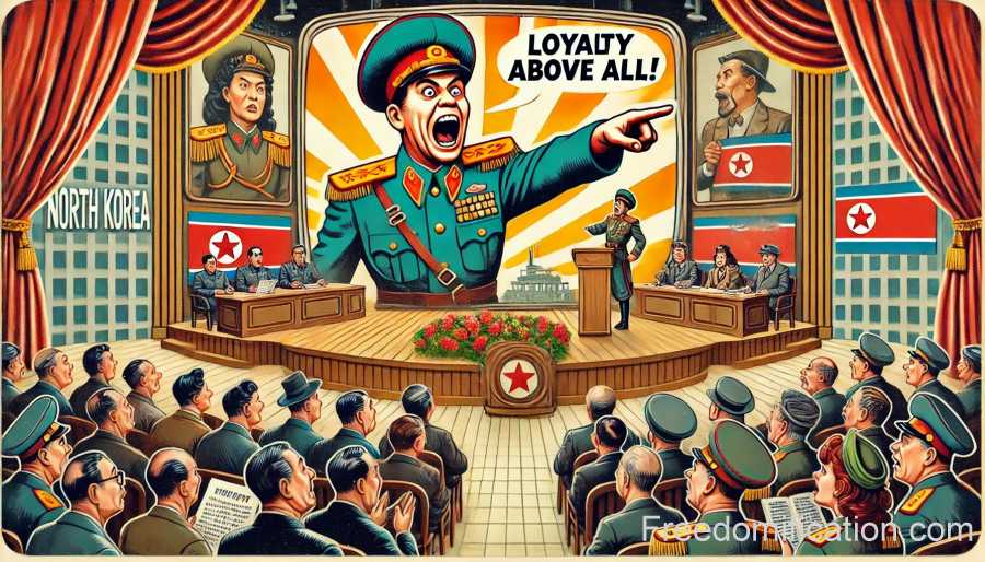 A dramatic scene from a North Korean telenovela. The scene is set with an extravagant yet old-fashioned backdrop, featuring an officer pointing his finger, emphasizing that loyalty is above all else.