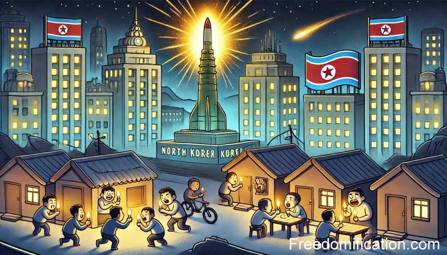 A nighttime cityscape of North Korea, with a rocket monument visible between buildings, a few houses nearby, and people walking around with candles in their hands.