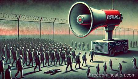 A symbolic image of propaganda – a massive propaganda tube looming over the surroundings.