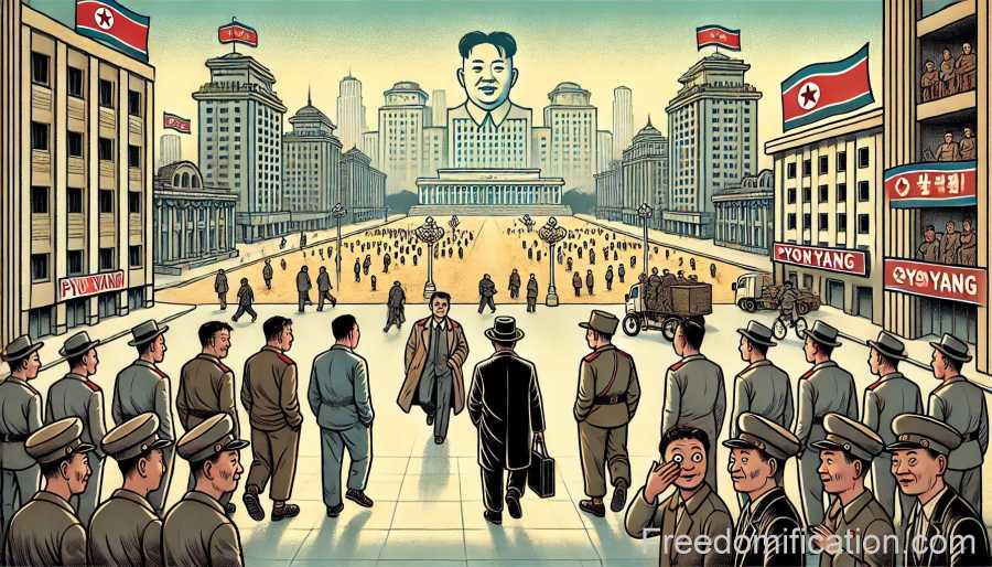 Pyongyang as a ghost city, with a few well-dressed individuals in the foreground playing the role of “fake citizens.”