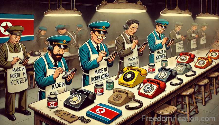 epicting workers in a secret North Korean factory repainting foreign electronics.