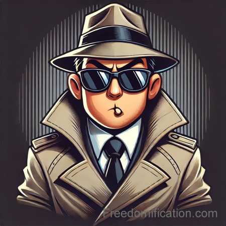 Humorous, cartoon-style illustration of a mysterious secret agent wearing dark sunglasses and a raincoat. The agent has a serious, but exaggerated expression on his face.