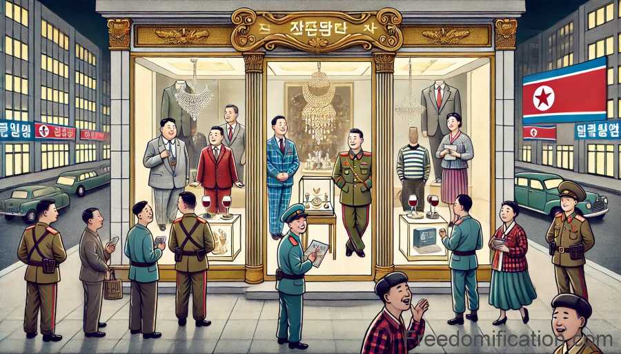 A depiction of a luxurious store in Pyongyang, North Korea. The shop has lavish displays of expensive goods.