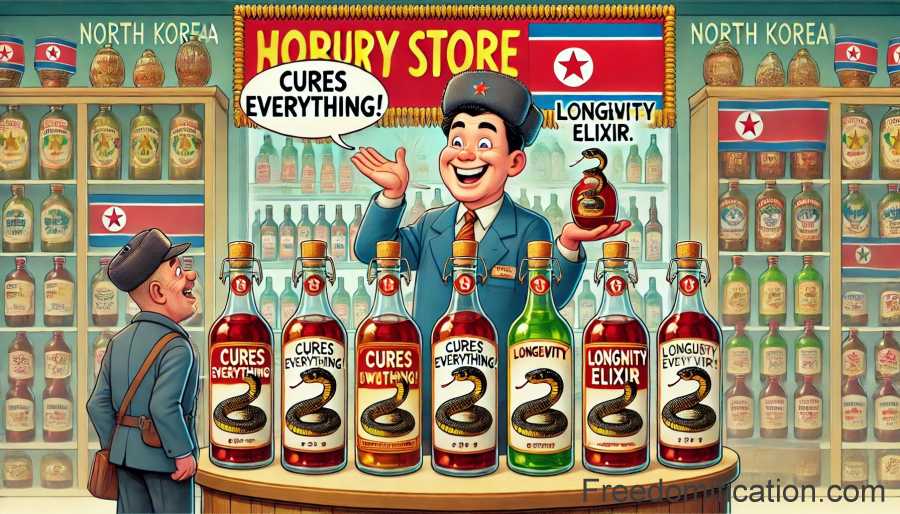 A humorous comic-style illustration depicting a shelf in a luxury North Korean store, displaying bottles of whiskey and wine, each containing a snake inside.