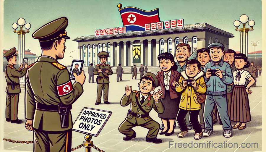 A depiction of a group of tourists in North Korea, closely monitored by a stern-looking guide. The guide appears frightened by the security officers standing opposite him.