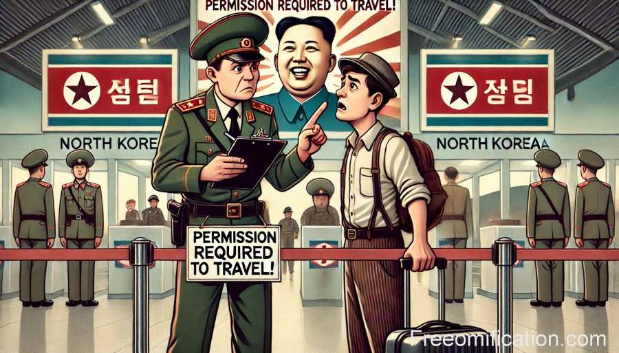 A strict border control scene in North Korea. A serious-looking military officer holds a notebook and wags his finger at a citizen, warning that a permit is required to travel to another city.