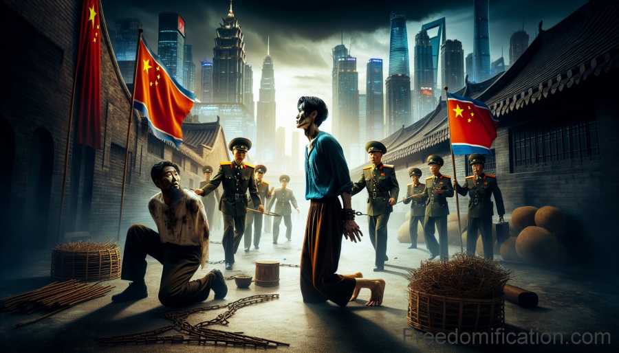 Deux fugitifs nord-coréens capturés et enchaînés par des soldats chinois, sur fond d’une grande ville moderne.