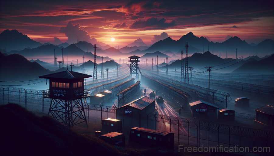 La zone démilitarisée (DMZ) entre les deux Corées, avec des clôtures de fils barbelés et des tours de garde sur fond de montagnes.