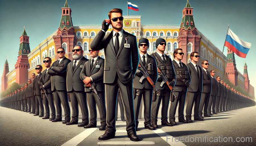 Humoristische digitale Illustration des russischen Föderalen Schutzdienstes (FSO): Männer in Anzügen und Sonnenbrillen mit Ohrhörern stehen vor dem Kreml.