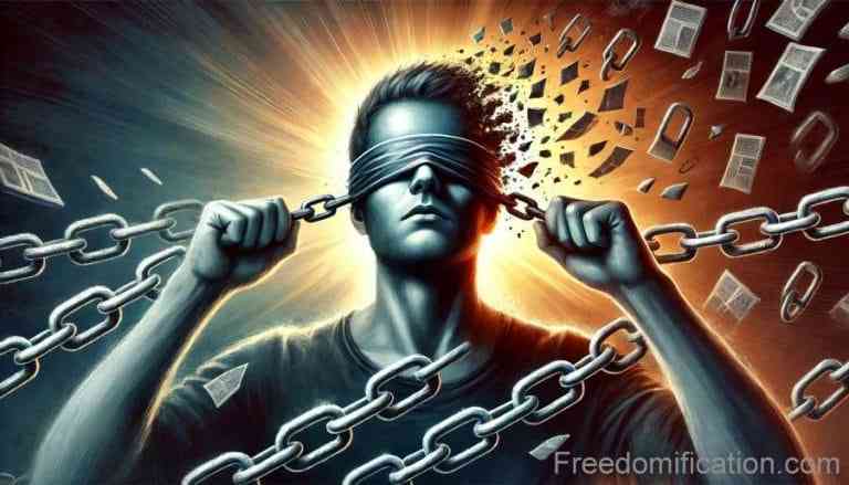 Rayos de luz rompen las cadenas, simbolizando la liberación de la verdad de las ataduras de la mentira.