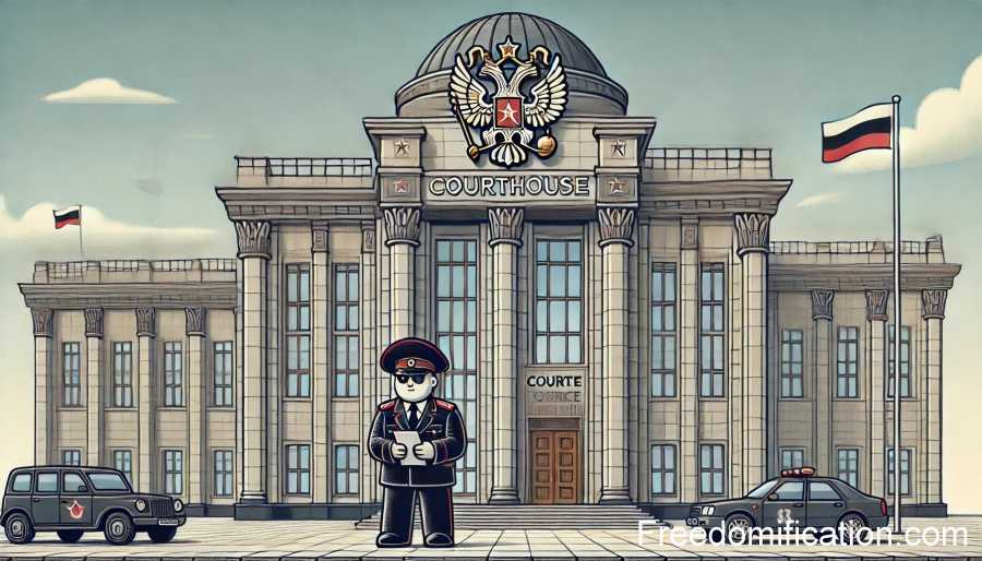 Величественное здание суда в советском стиле с большим гербом царской России. Перед ним стоит человек в форме с документом в руке.