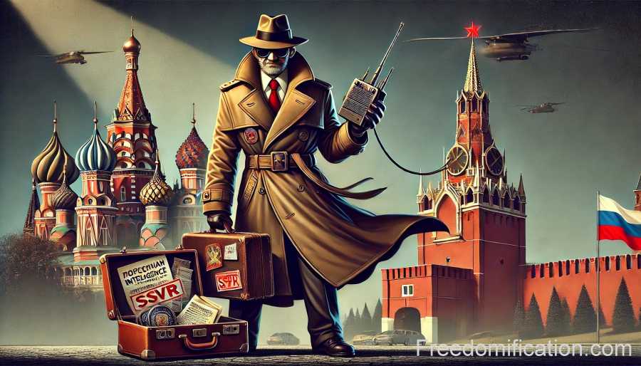 Юмористическая иллюстрация. Тайный агент российской Службы внешней разведки (СВР) путешествует с чемоданом, держа радиостанцию, соединённую проводами с Кремлём.