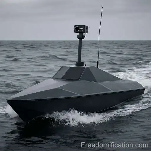 A Ukrainian MAGURA-type naval drone moving through rough waters during a combat operation.