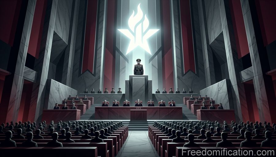 Ilustracja przedstawiająca strukturę władzy i hierarchię państwową Korei Północnej w monumentalnej sali zgromadzeń