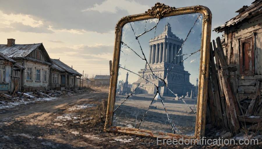 Психологическая концептуальная иллюстрация российского имперского эго, треснувшее зеркало, отражающее суровую реальность и грандиозную иллюзию.